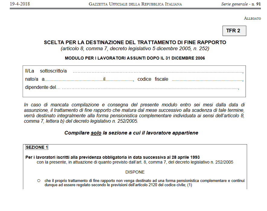 Destinazione TFR: nuovo modulo di scelta in G.U. - FISCOeTASSE.com