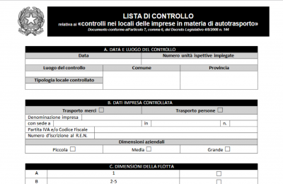 Check list INL per controllo imprese autotrasporto