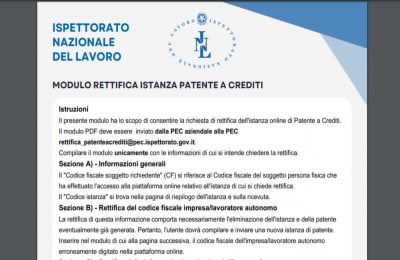 Patente a crediti: modello per rettifica errori materiali